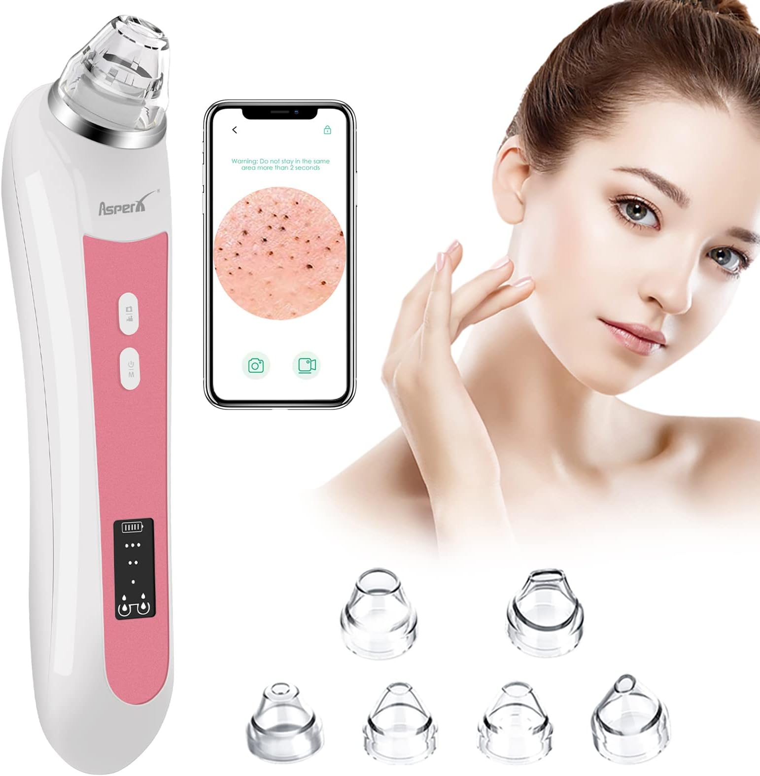 Blackhead Remover Pore Vacuum, AsperX WiFi Visible Facial Pore Cleaner Pimple Sucker with HD Camera Acne Comedone Extractor with 6 Suction Heads Electric Blackhead Remover Tools