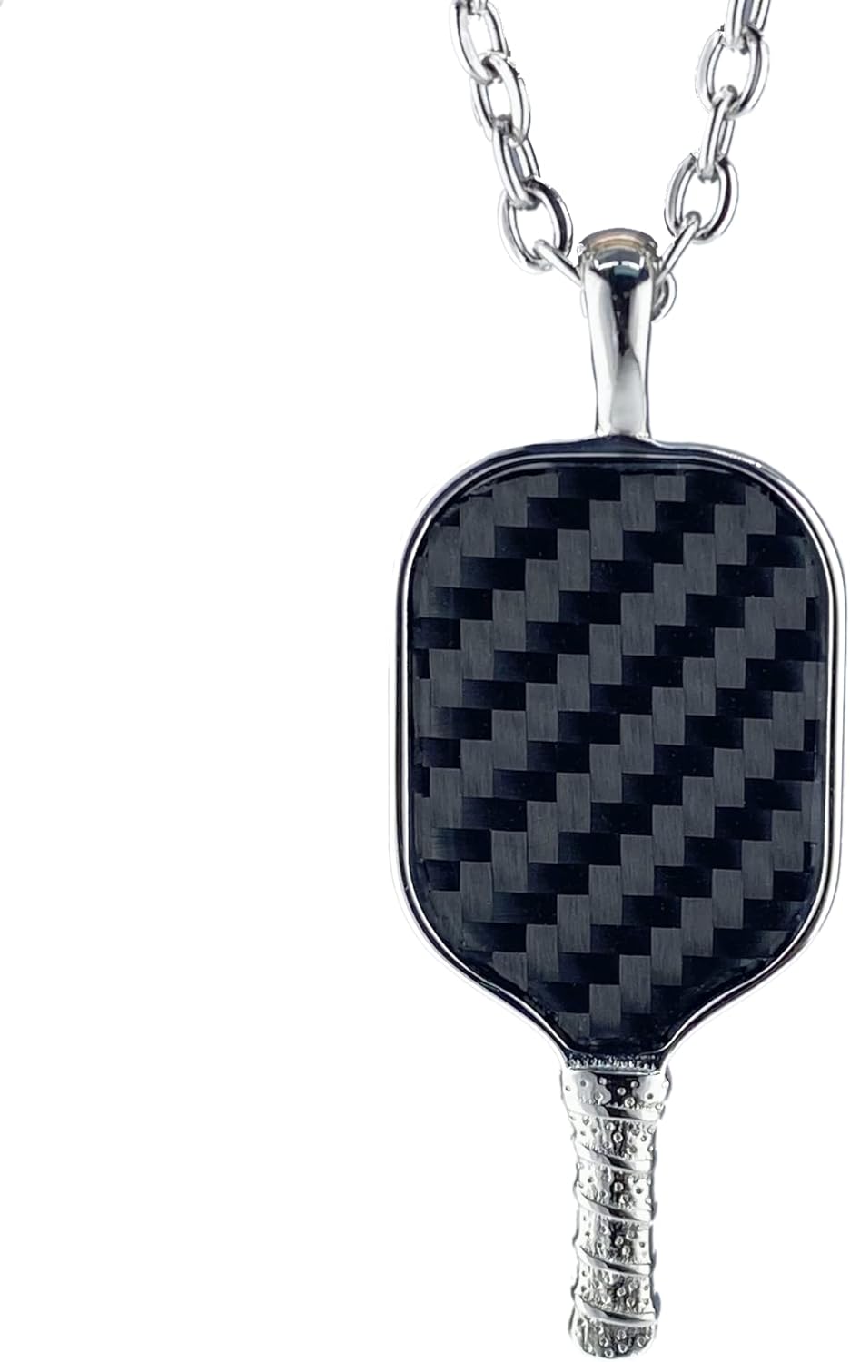 Stainless Steel Carbon Fiber Pickleball Paddle Pendant with Stainless Cable Chain.