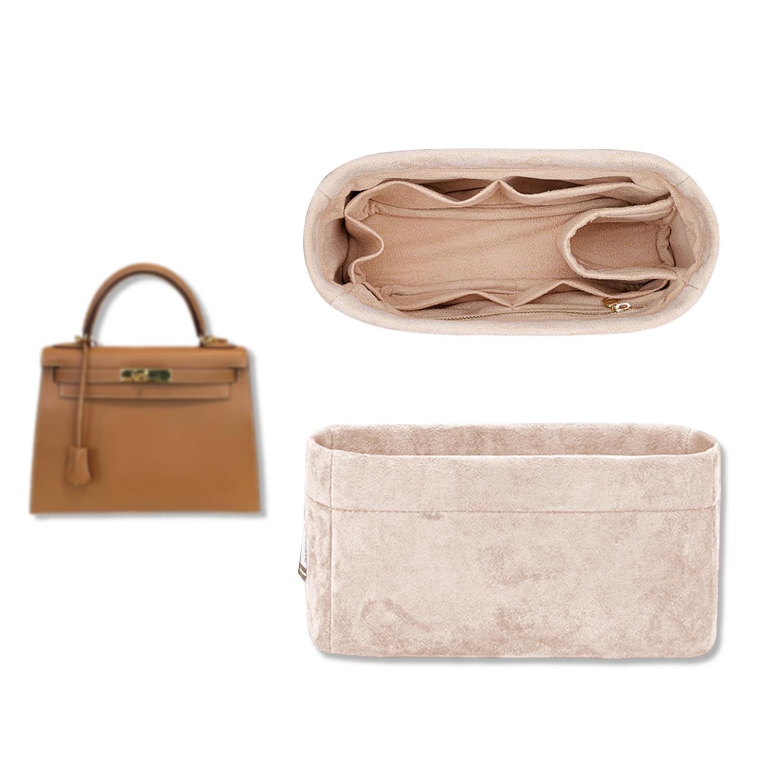Photo 1 of GIVLEFLY Velvet Purse Organizer Insert for Kelly 25, Structured Handbag Liner with Multiple Pockets, Soft Velvet Bag Divider Shaper for Structured Satchel Bag?beige