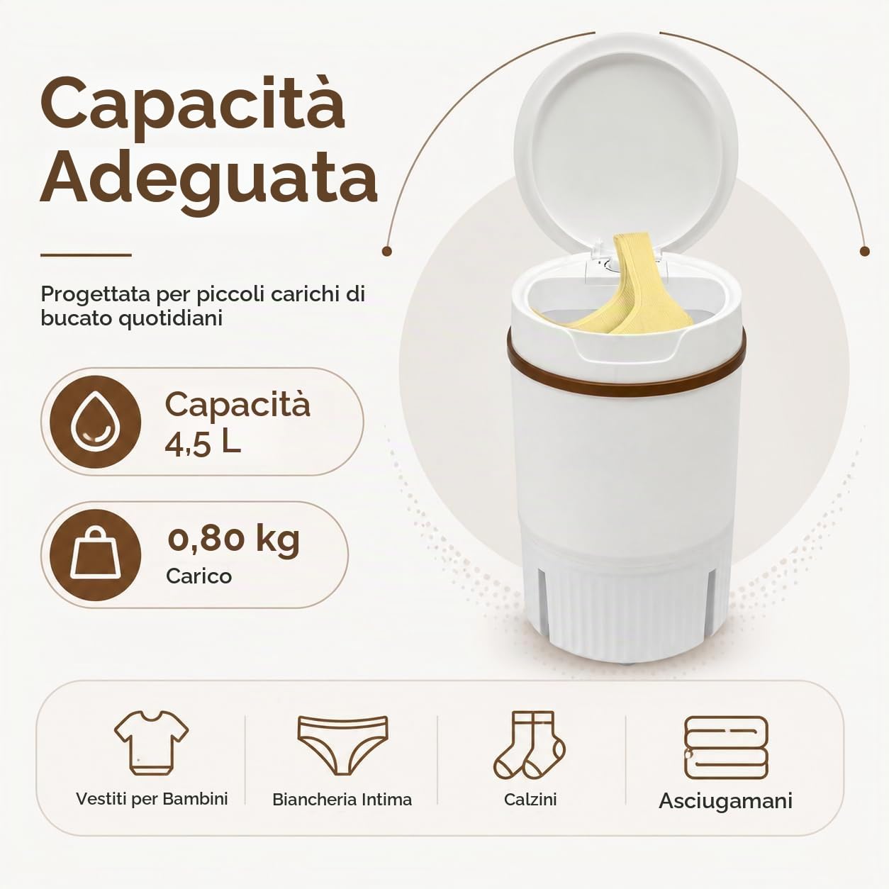 Mini lavatrice portatile da 4,5 l, 260 W, per campeggio, viaggi e casa, con funzione di luce blu antibatterica e cestello per centrifuga, IPX4