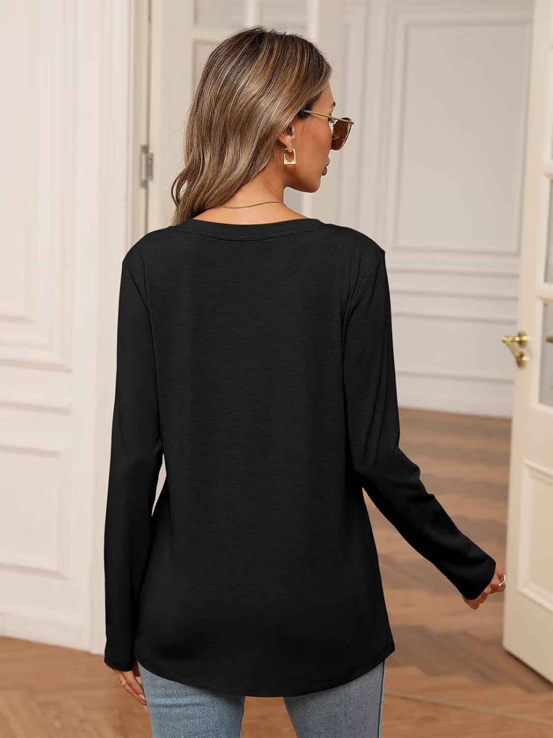 Womens V Neck Long Sleeve Shirts Casual Curved Hem Tunic Tops Basic Loose Fit T Shirts Tees - Image 5