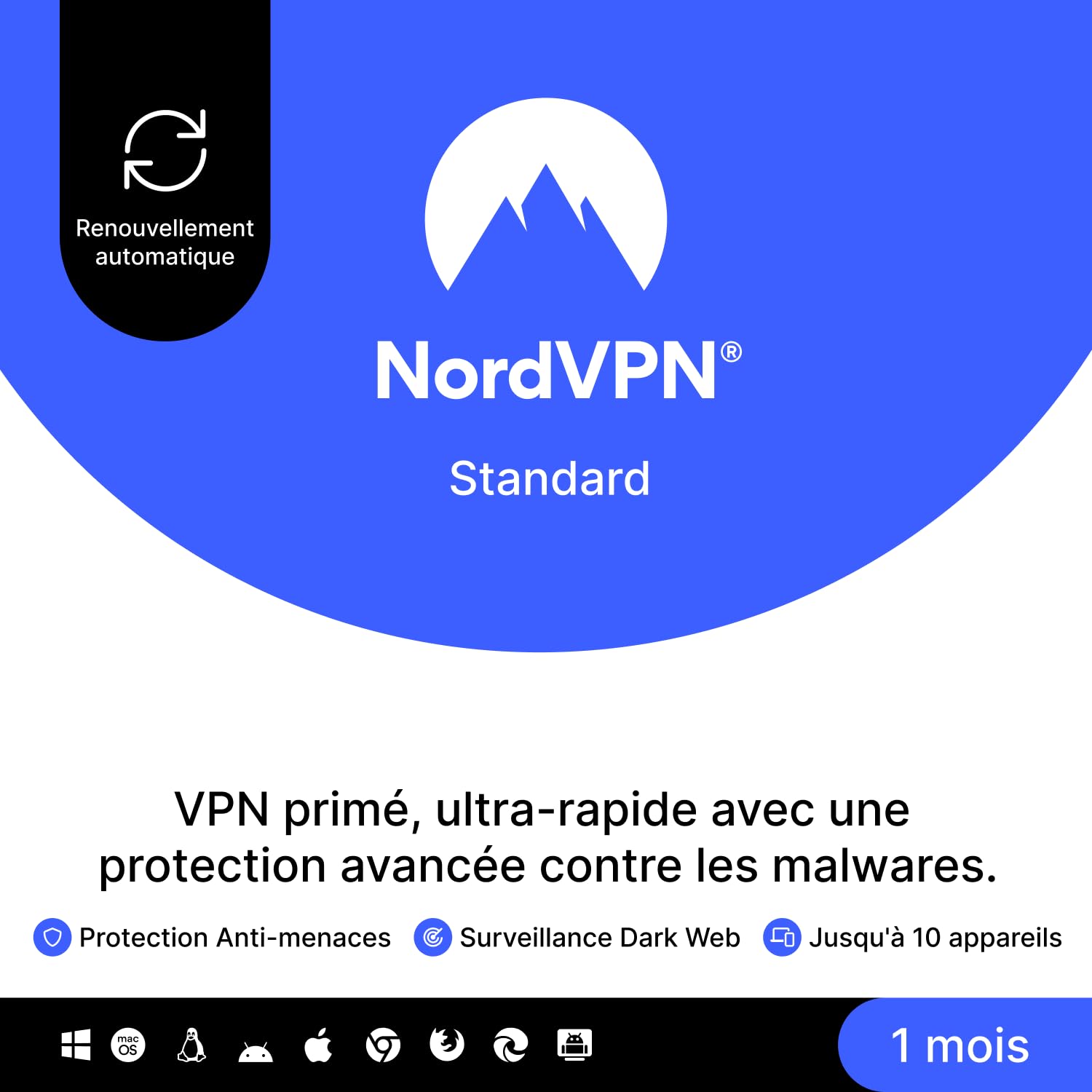 NordVPN Standard, 10 Appareils, 1 Mois, VPN & Cybersécurité, Abonnement Amazon