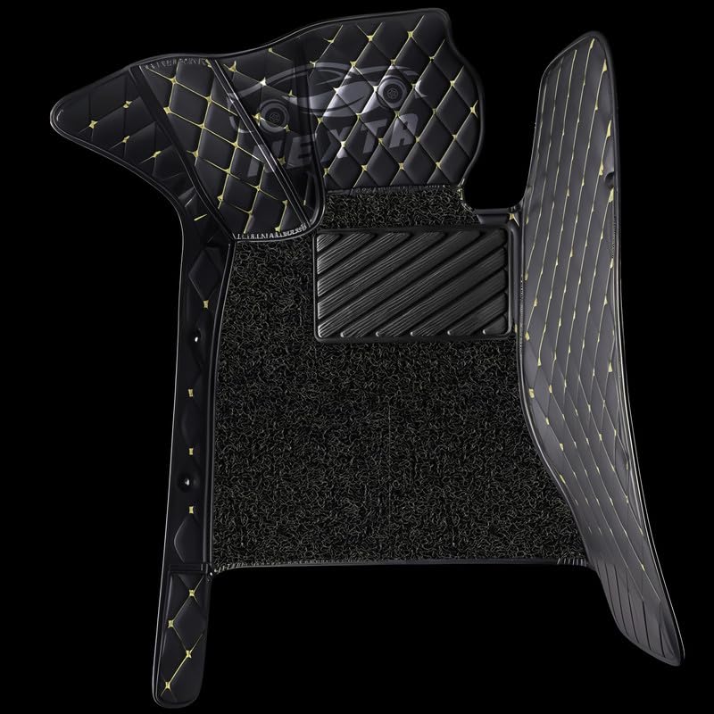 Image of NEXTA Premium Faux Leather 7D Car Floor Mats for MG Majestor - 7 Seater (All 3 Rows) || Luxury Leather with Grass Mat Complete Set || 100% Waterproof and Washable (Color Black & Golden)