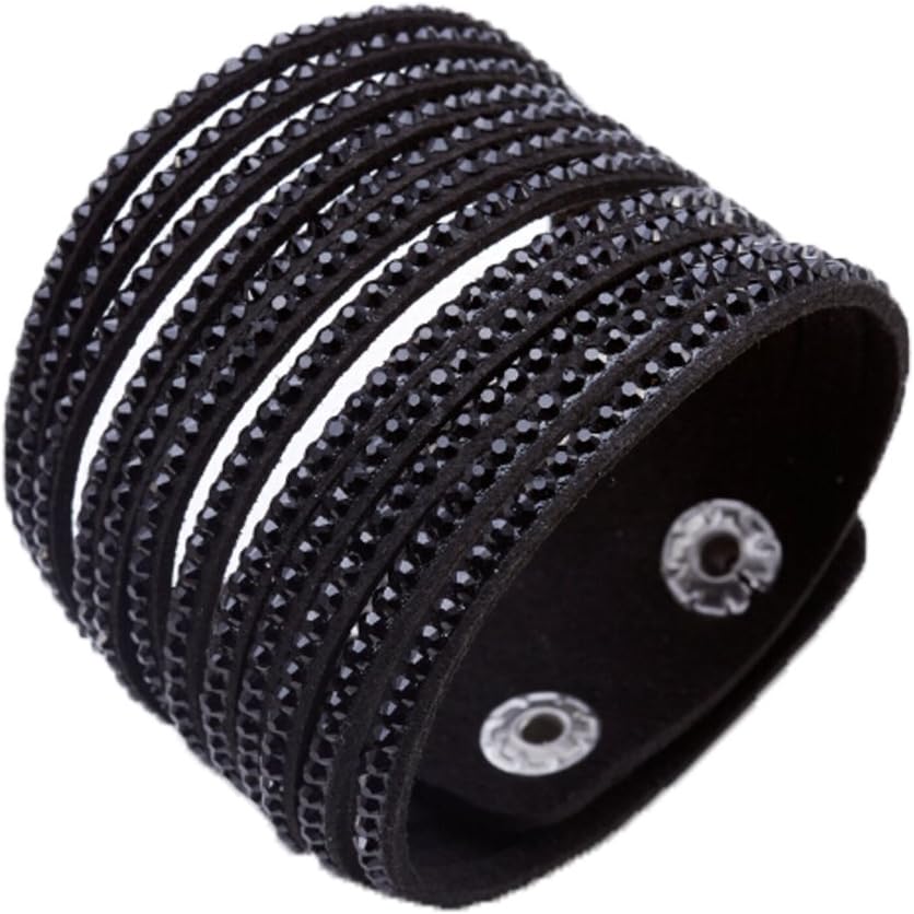 TOUCHFashion Black Wide Cuff Leather Rhinestone Slake Bracelet