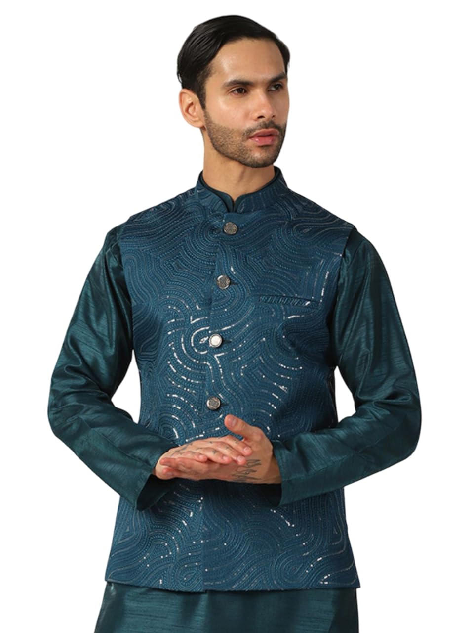 tahvo Teal Blue Nehru Jacket for Man – Elegant Design for Men Wedding Wear-picture-12