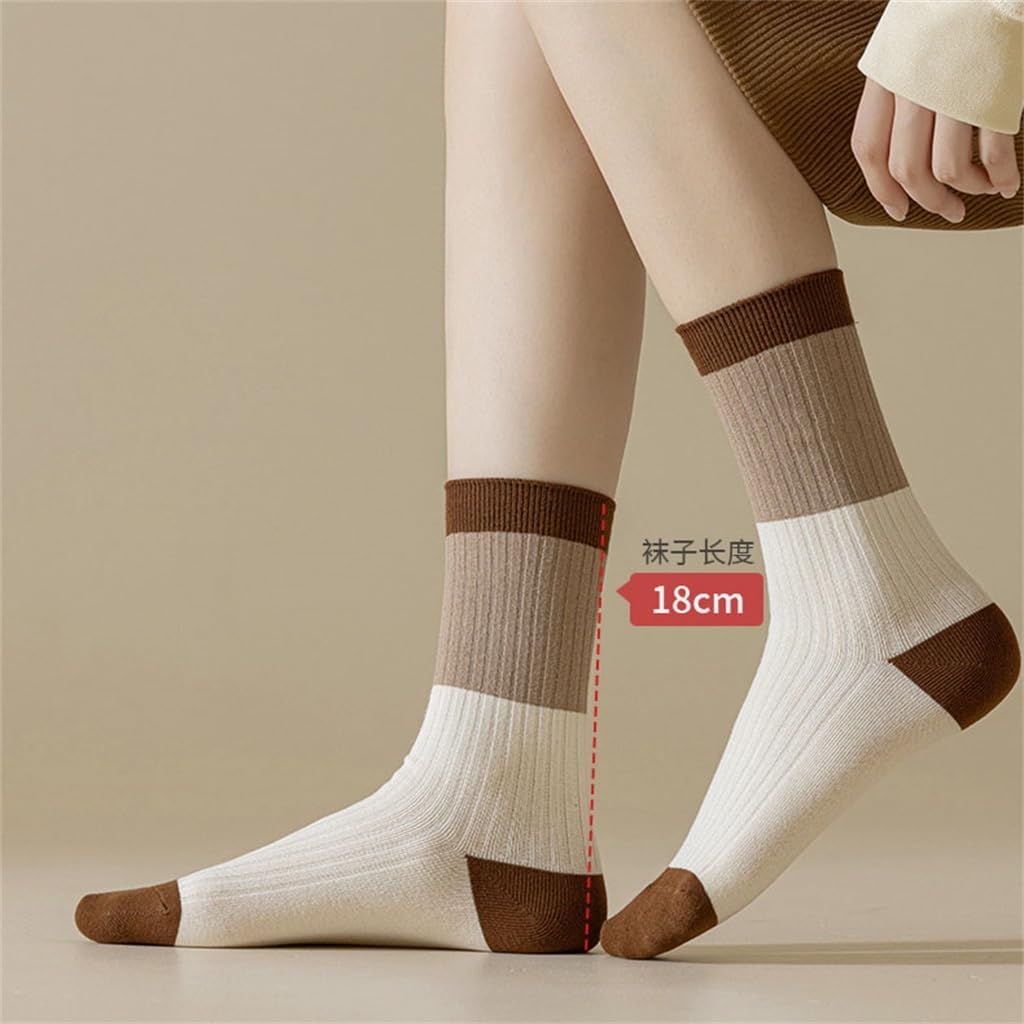 Five Pairs of Spring and Autumn Anti Pilling Mid Tube Socks with Contrasting Color Stacking