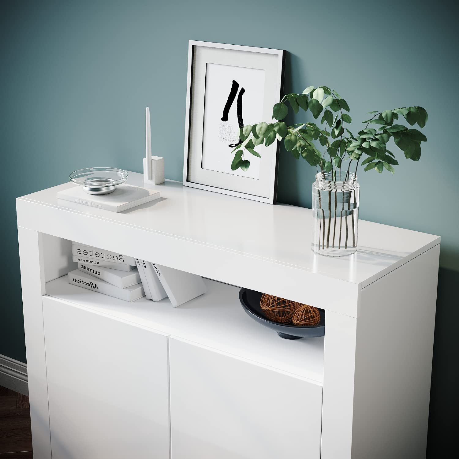 SONNI Kommode mit 2 Tür, LED(16 Farben), 108x40x92cm, Hochglanz, Weiß