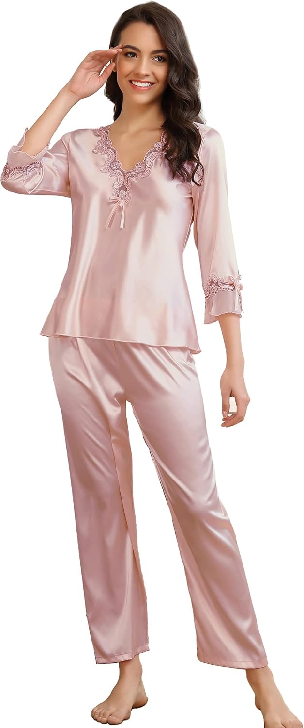 ohyeah Women Silk Pajamas Set Piece Sleepwear Loungewear 3/4
