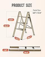 Vista 6 de WOA WOA Escalera de 3 escalones, taburete plegable, escalera ligera de aluminio para armario de cocina del hogar, pedales antideslizantes, facilidad
