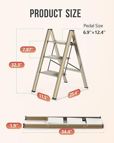 Miniatura 6 de WOA WOA Escalera de 3 escalones, taburete plegable, escalera ligera de aluminio para armario de cocina del hogar, pedales antideslizantes, facilidad
