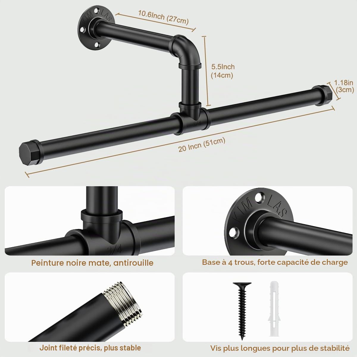 FANHAO Porte-vêtements Industriel en Tuyaux, Barre à Vêtements Mural Amovible Robuste en Fer, pour Suspendre des Vêtements pour Buanderie, Noir (2-Pack)
