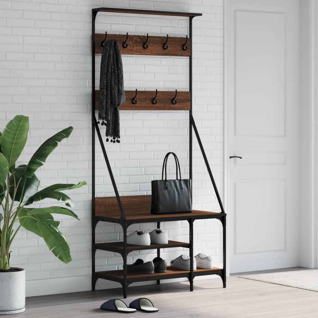 Kleiderständer Garderobe mit Schuhablage in Braun Eichen-Optik, Holzwerkstoff und Metall, 80x40x184 cm, freistehend, platzsparend, mit Haken und Rollen für Schlafzimmer und Flur