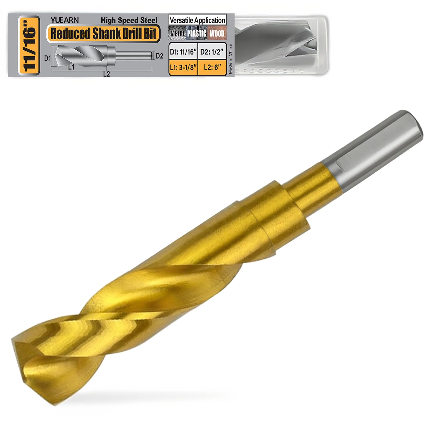 3/4 Inch Reduced Shank Drill Bit, Titanium Coated HSS 4341 with 3-Flat Shank and 118° Point, for Steel, Iron, Wood, Plastic in Industrial and DIY Projects