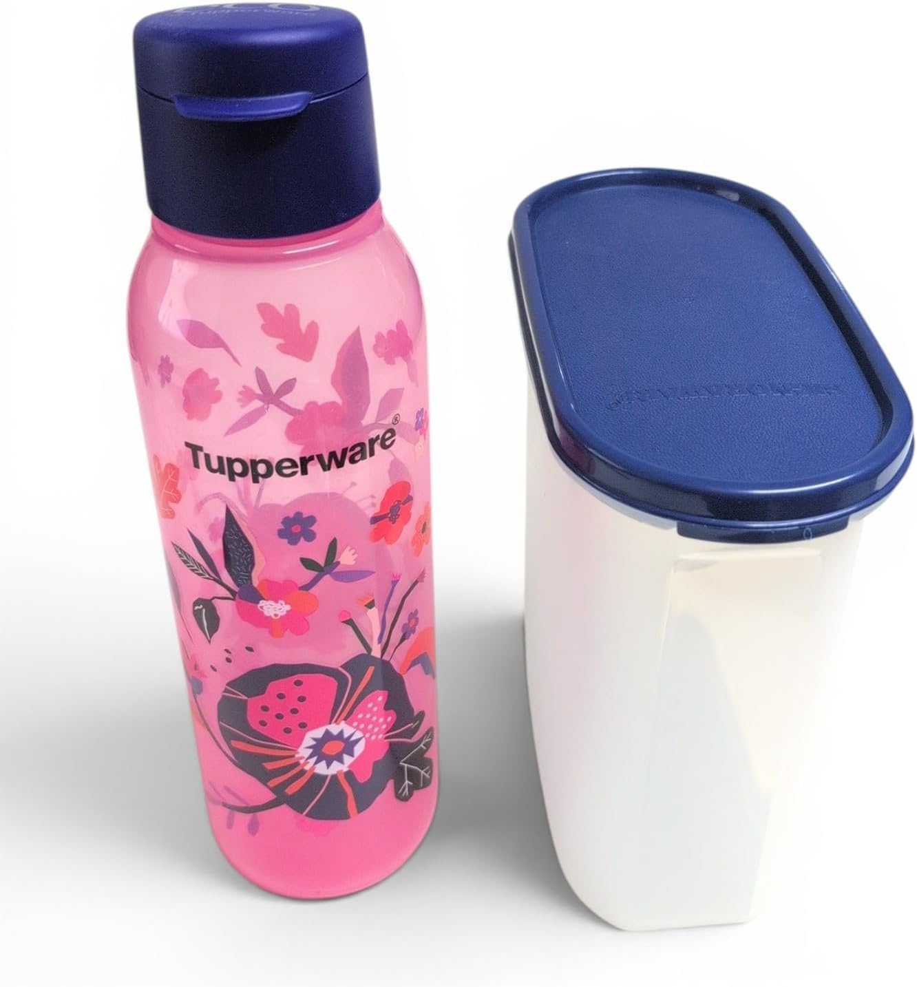Tupperware EcoEasy Butelka do picia, 750 ml, różowa/fioletowa, z kwiatami i klapką + SIGNORA WARE Eidgenosse, pojemnik do przechowywania 1,7 litra, przezroczysty/niebieski – bez BPA - zestaw do