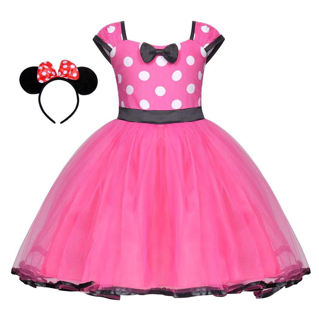 JurebeciaPrincess Dresses for Girls Mini Mouse Costume Polka Dots Fancy Dress Up Halloween Cosplay Outfit Birthday Christmas Party Tulle Dress with Ears Headband
