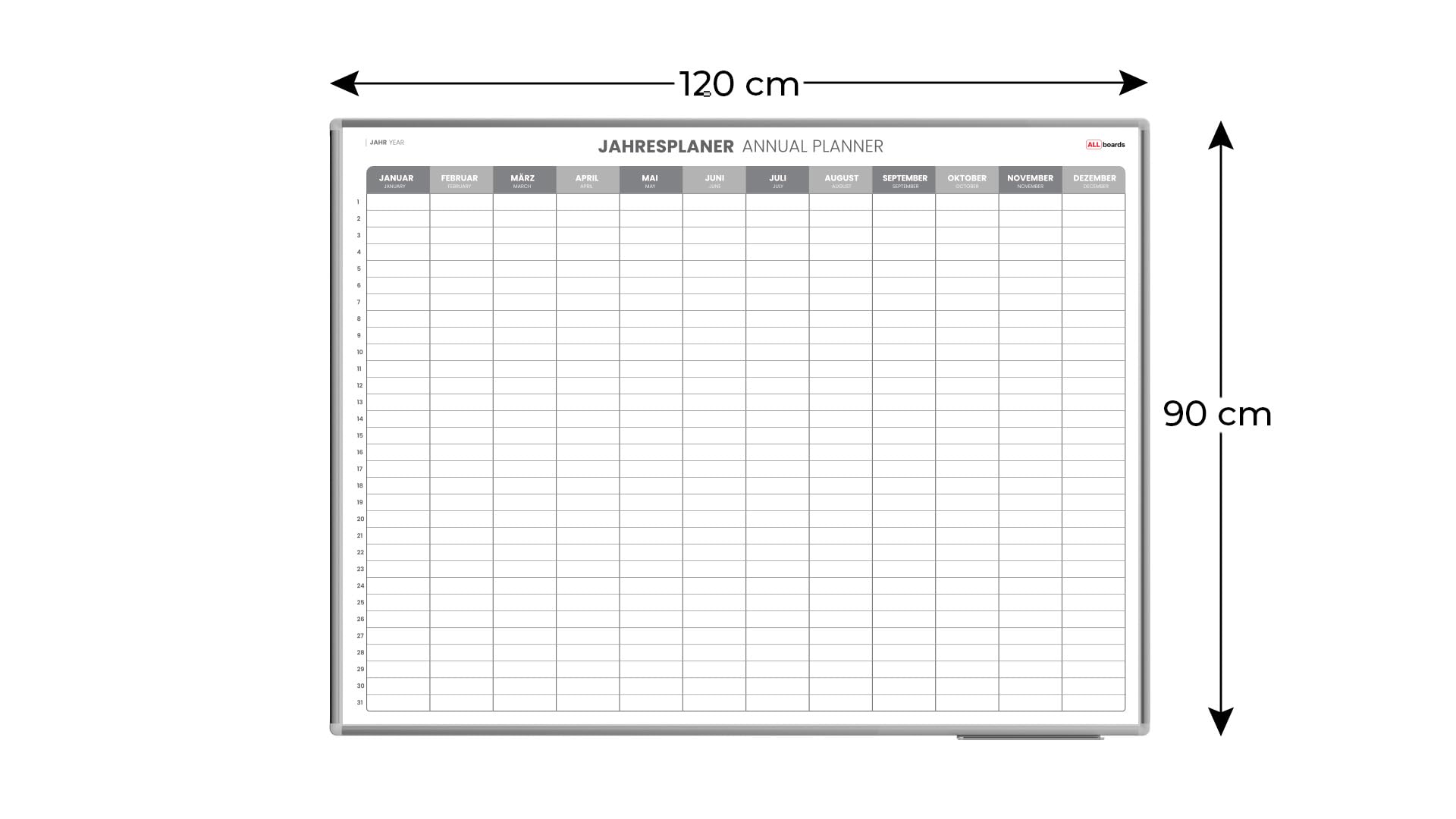 ALLboards Magnetischer Jahresplaner 120x90cm für Jahresplanungen, einfach zu beschreiben Jahresplaner Wandkalender Memoboard Magnettafel auf Deutsch