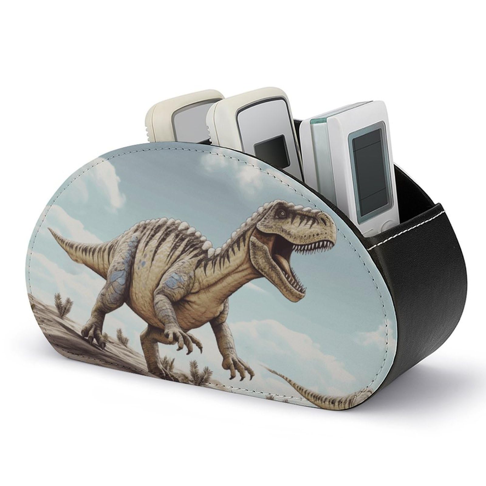 VstaDank Dinosaur Walking Dinosaur Walking Remote Control Holder with 5 Compartments PU Leather Remote Caddy Desktop Organizer Store TV Remote Control Storage Box for Home Office Desk Nightstand