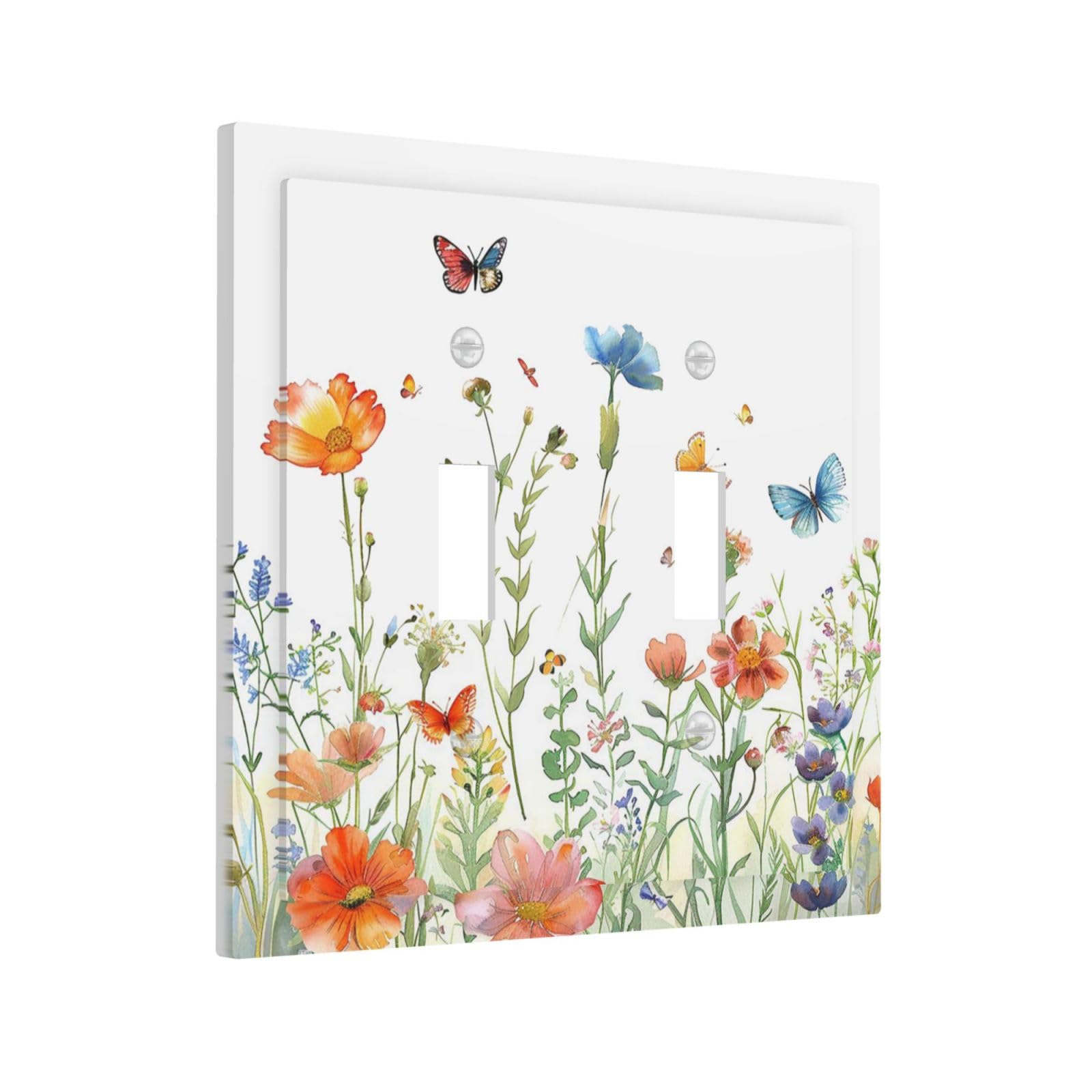 Yamxbfa Decorative Light Switch Cover Plate Boho Blue Wildflower Orange Floral Butterfly 2 Gang Wall Plate Oversized Double Toggle Two Switch Wall