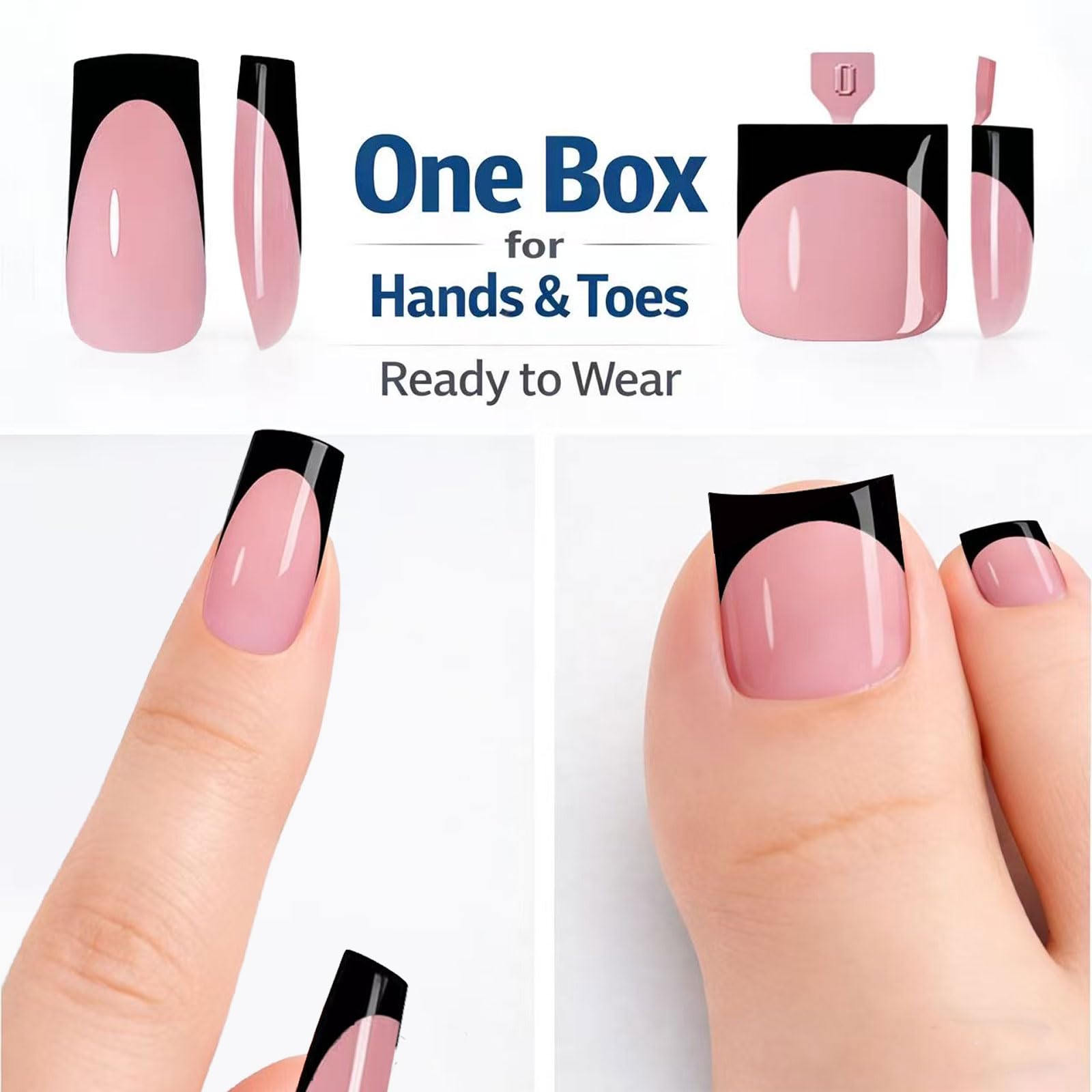 Lot de 30 ongles à presser brillants 2 en 1 - 30 ongles d'orteils à presser + 30 presses à ongles de doigts - Prêts à porter - Pointes françaises carrées noires avec kit d'outils, manucure et