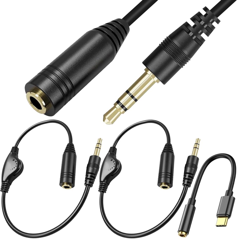 Przedłużacz słuchawek 3,5 mm, TRS męski na żeński, adapter wtykowy stereo z regulacją głośności do tabletów, MP3, z kablem audio typu C na 3,5 mm (2 sztuki)