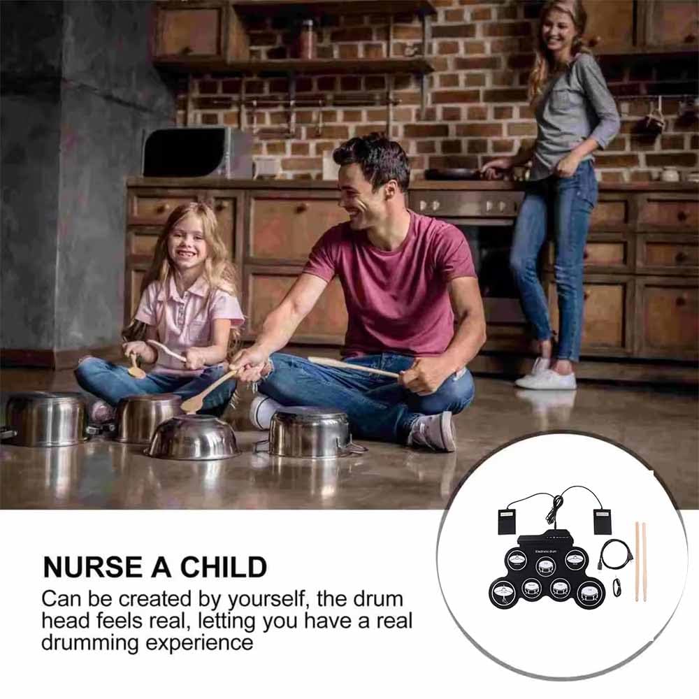 NEWFUN Batteria Elettronica Adulti e Bambini, 7 Drum Pad in Silicone con Mazzette e Pedale, Portatile e Pieghevole, Nero