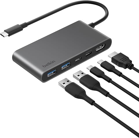 Belkin USB-C Hub, 5 Portlu, 60 Hz’de 4K HDMI Ekran Desteği, 100W Güç İletimi, 5Gbps Veri Aktarımı, MacBook, iPad Pro, Chromebook ve Dahası İçin USB-C Çoklu Port Adaptörü, Geliştirilmiş HDMI 2.0, Gri