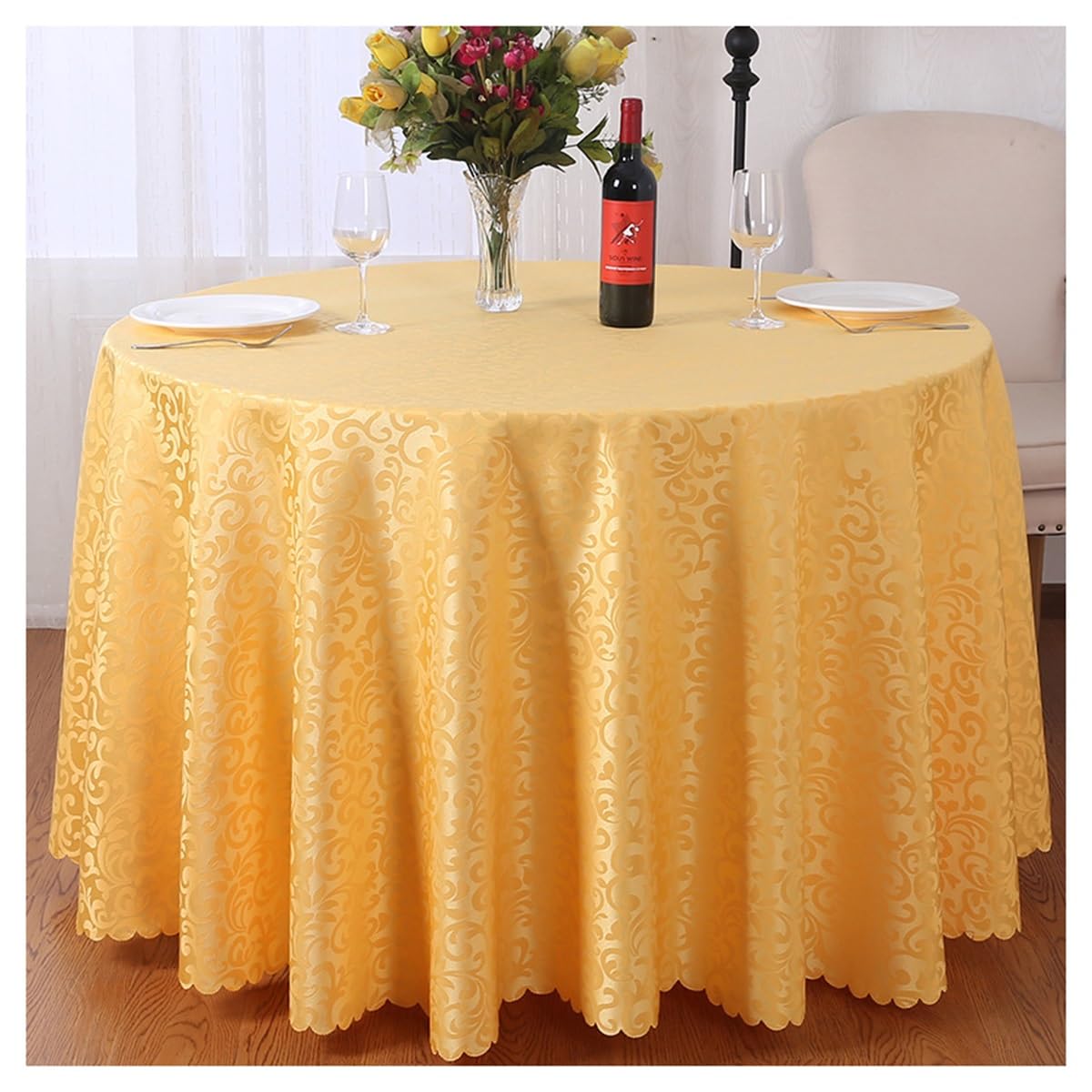 Nappe ronde jaune 300 cm en polyester lavable pour table de réception