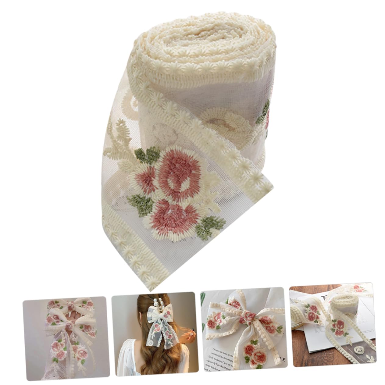 VILLCASE 4 Rollos Material De Accesorios Para El Cabello De Encaje Rosa Bordado Ribete De Encaje Rojo Decoración Artesanía Bralette De Apliques De Bordado De Cinta Tela