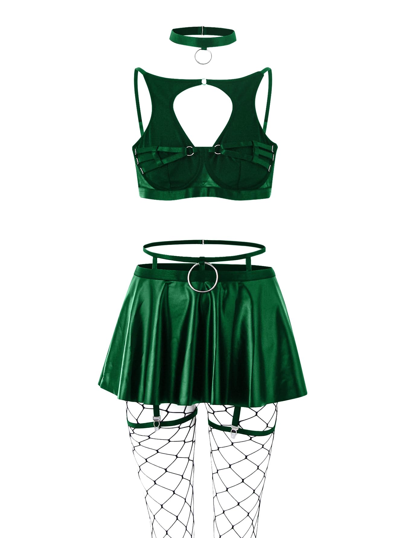 Lilosy Sexy Stocking Chocker Strappy Underwire O Ring Push Up Garter Belt Women Skirt 5 Piece: Large Army Green