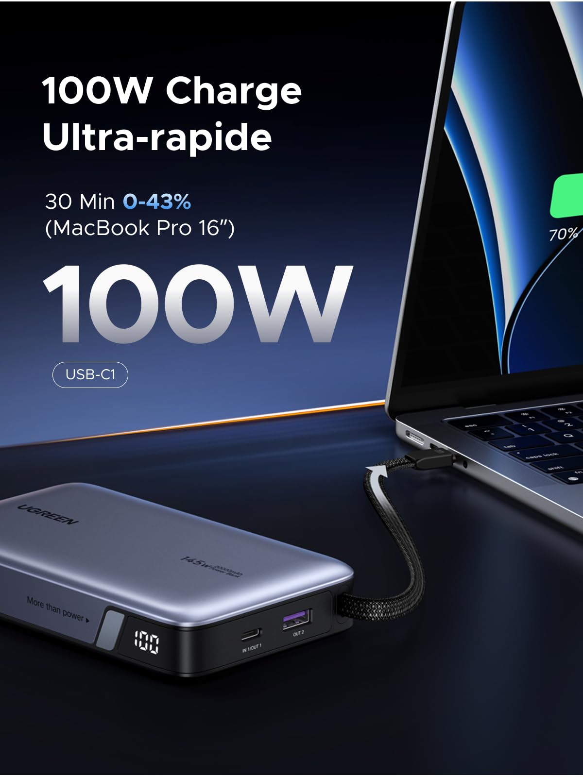 UGREEN Nexode 145W Batterie Externe 20000mAh Power Bank Charge Rapide PD3.0 100W Câble USB C Intégré Chargeur Portable PC LED Compatible avec iPhone 17 16 15 Plus Pro Max Galaxy S25 S24 MacBook iPad