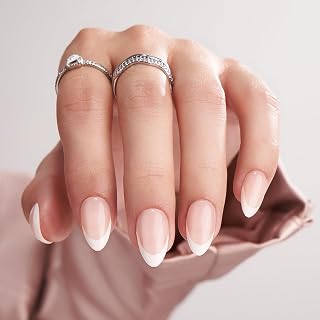 French Tip Short False Nails - BTArtbox Almond Press on Nails with Glue, 30Pcs Soft Gel Fake Nails in 15 Sizes, Reusable Semi-Transparent Stick on Nails for Woman, White French
