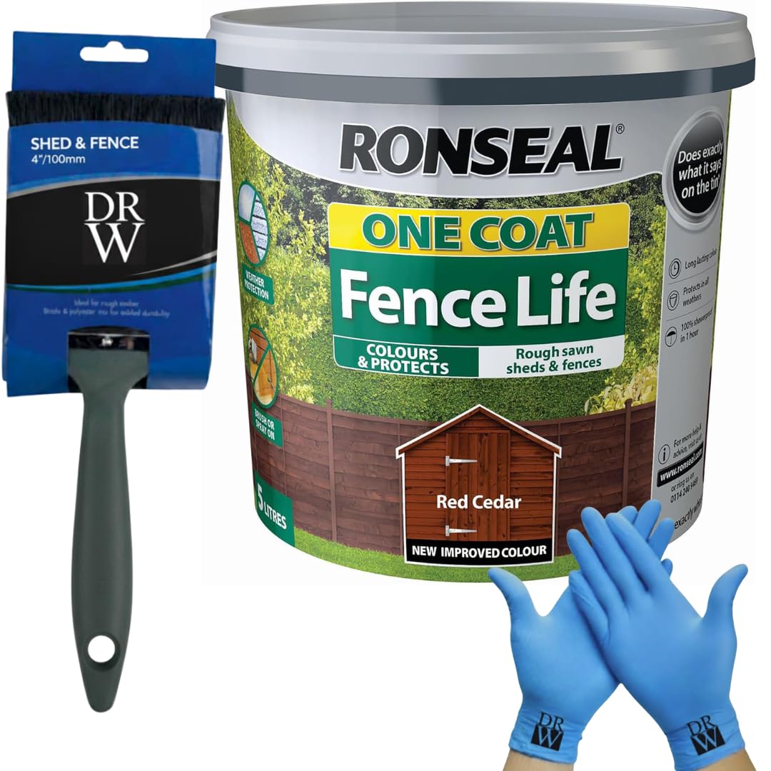 Drw Red Cedar One Coat Shed & Fence Protector 5L + Free 4" Fence Paint Brush & Nitrile Gloves | Long-Lasting Weatherproof Wood Protection | One Coat Formula For Sheds, Fences & Timber