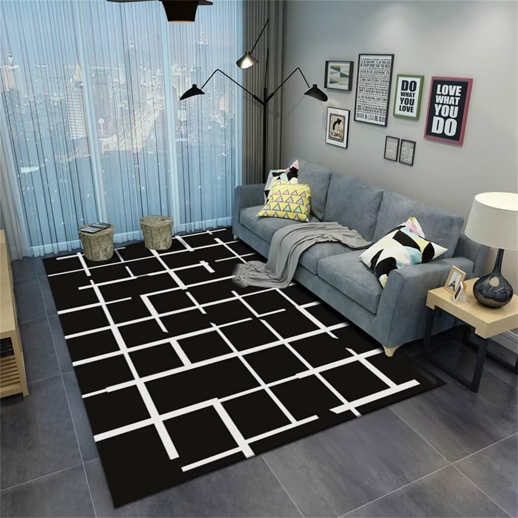 Tapis de chambre fille et bureau moderne noir à rayures 130x190 cm
