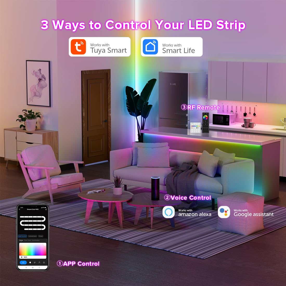 FCOB 2.4G WiFi SPI DR03W RGB Controlador LED RC03RFB RF Mando a Distancia Kit Soporte Tuya APP Smart Life APP Alexa Google Home para WS2811 WS2812 WS2813 WS2815 etc COB SMD Direccionable RGB Tiras LED