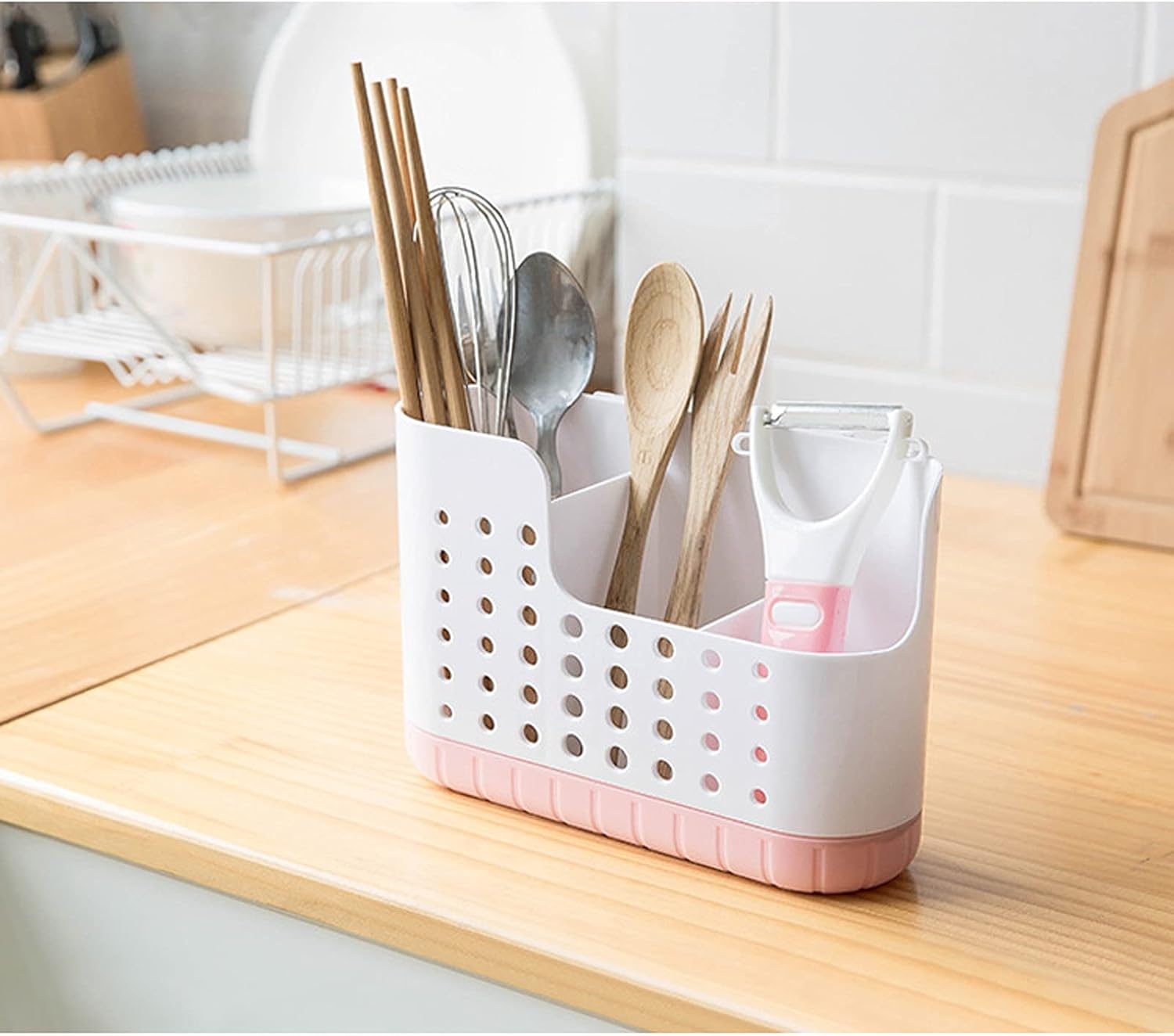 Chopstick Racks Household Wall-Mounted Drain Chopstick Basket, Paste Cage, Kitchen Multifunctional Tableware Box(Pink)
