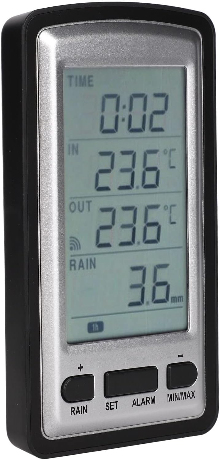 Wireless Rain Meter Gauge, Digital Rainfall and Temperature Monitor with 1 Hour to Monthly Data Display, Time Alarm, 433MHz Transmission, for Indoor Outdoor Weather Station