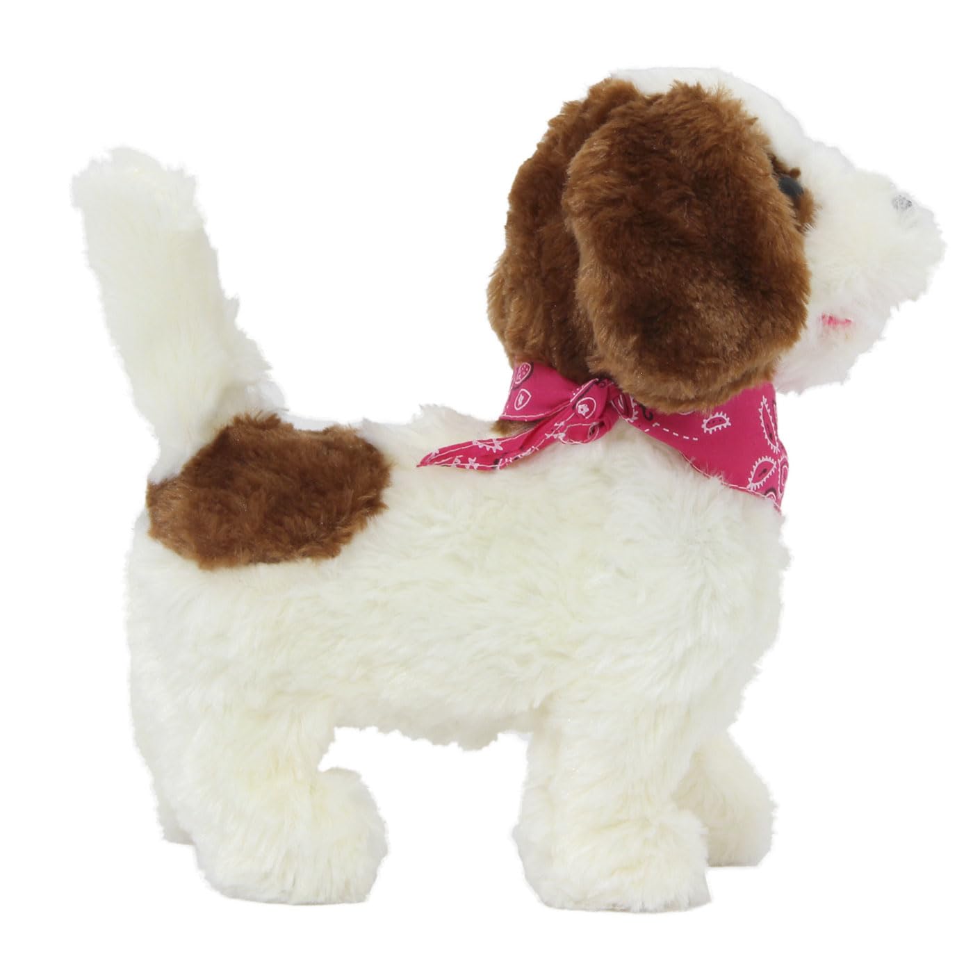 JAMARA -Lucky RC Plüschhund 27MHz- Weiches Fell, bewegt die Schnauze und Kopf, wedelt mit dem Schwanz, realistisches Hundebellen, Weiß-Braun