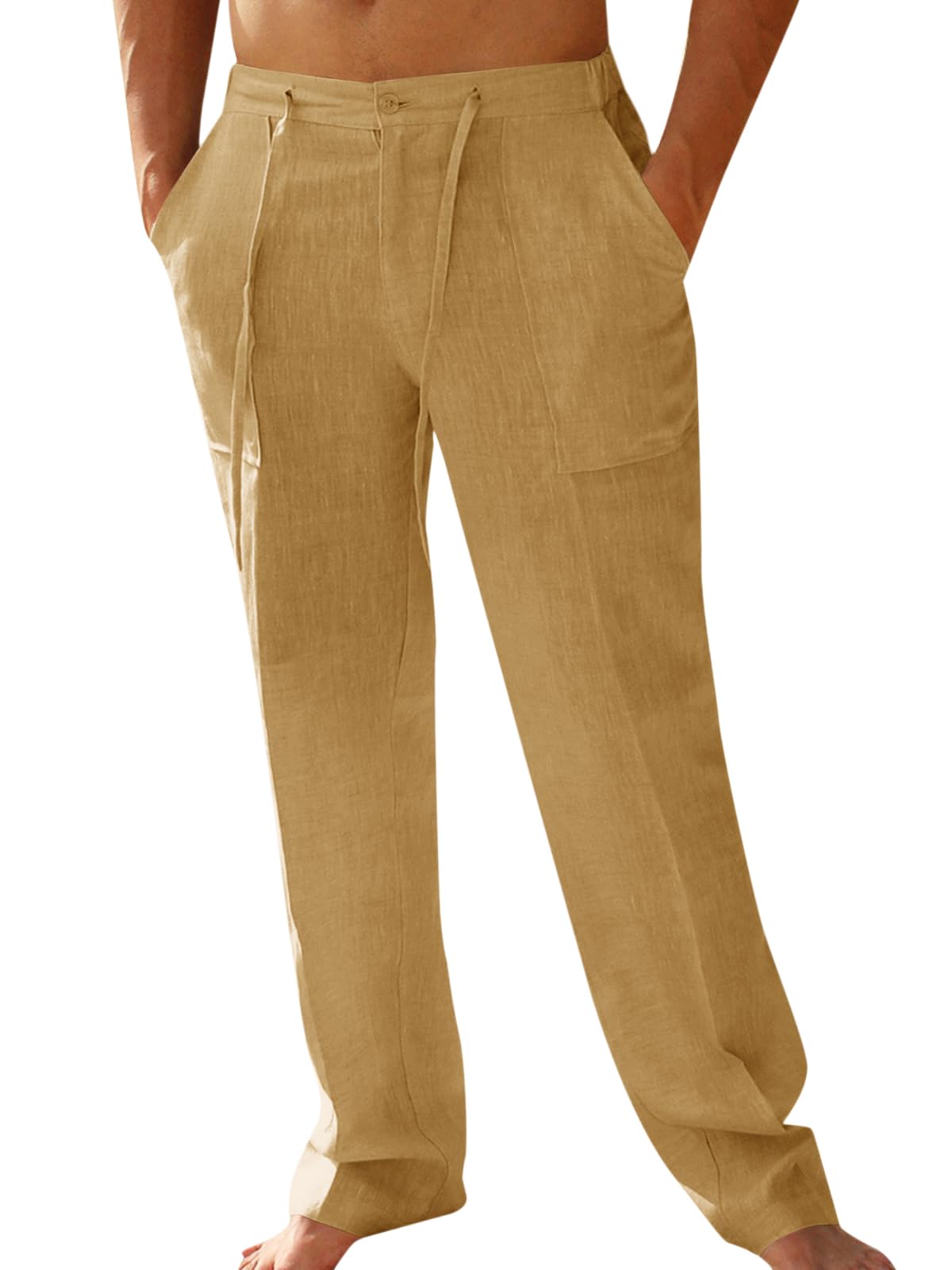 PASLTER Mens Casual Linen Pants Loose Fit Elastic Drawstring Waist Straight-Legs Summer Yoga Beach Long Pants