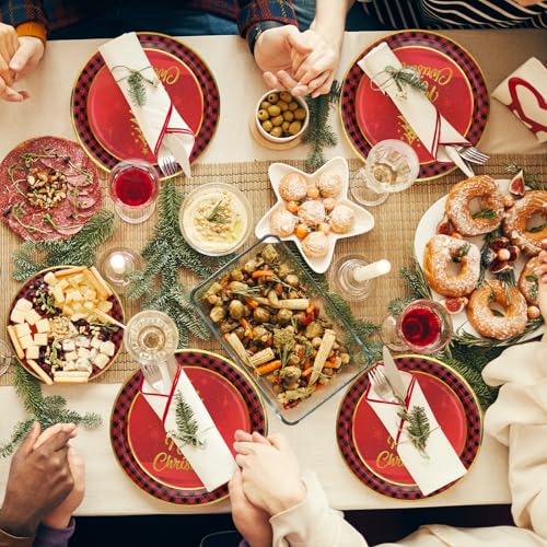 125 PCS Christmas Paper Plates and Cups Party Supplies, Red Christmas Tree Party Paper Plates and Cups, Disposable Tableware Set, Serve for 25 Guests – Image 5
