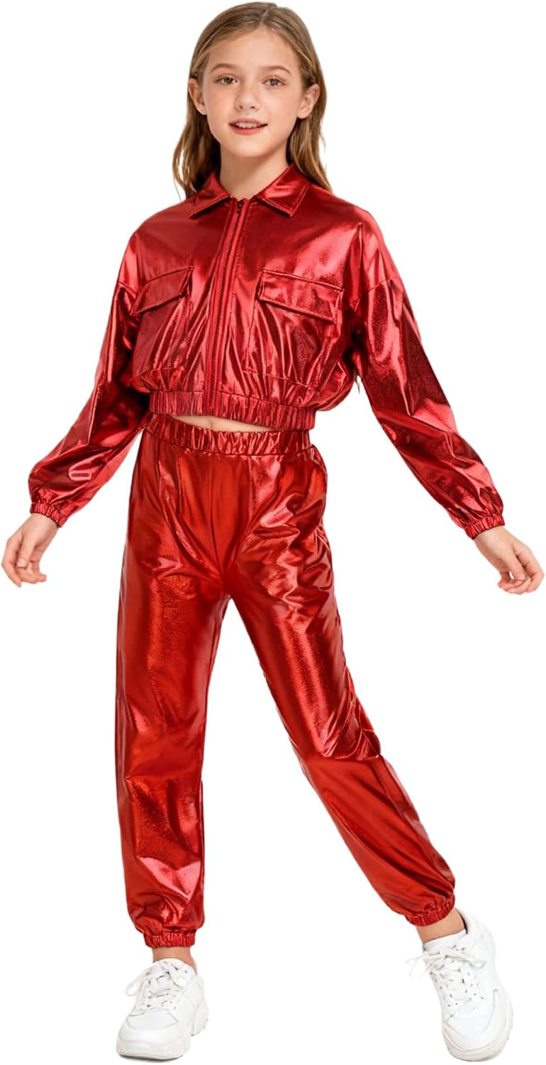 Linjinx Kids Boys Girls Hip-hop Jazz Street Dance Outfits Long Sleeve Bomber Jacket with Shiny Metallic Harem Pants Set Red 10 Years