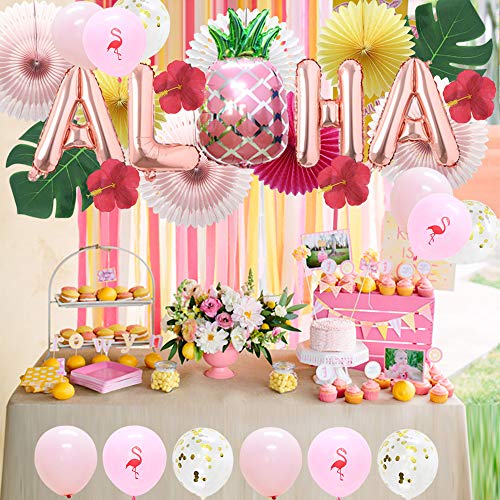 Image of Meiduo Hawaiian Aloha Party Decorations Luau Party Supplies Aloha Pineapple Banner Palm Leaves Silk Hibiscus Flowers Paper Fans Balloons for Adults Baby Shower Tropical Theme Summer Beach Pool Party