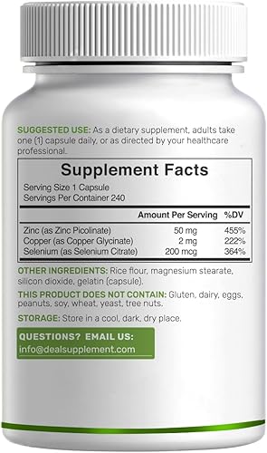 Miniatura 6 de Suplemento de zinc de 50 mg con selenio + cobre, 240 cápsulas, suministro para 8 meses, fórmula mineral 3 en 1, suplemento complejo de picolinato de