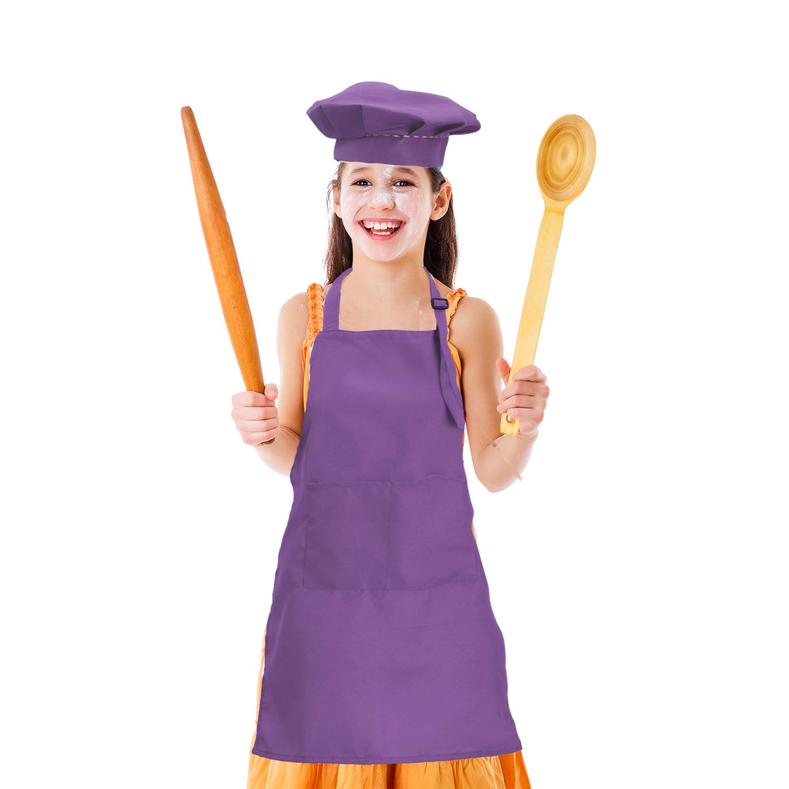 Delantal y gorro de chef para niños, juego de delantal de chef morado, delantales ajustables para niños y niñas, babero de cocina con 2 bolsillos para arte, cocina, hornear (4-12 años, morado, 1