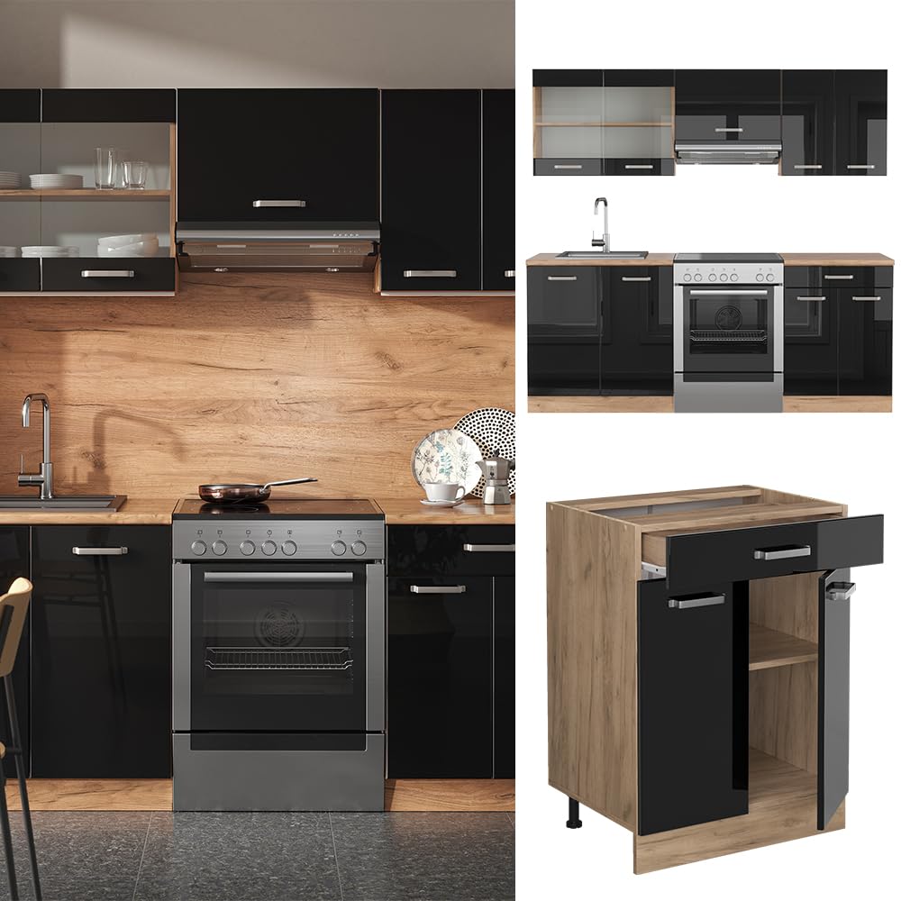 Vicco Cuisine R-Line, Noir Brillant/Chêne doré, 200cm