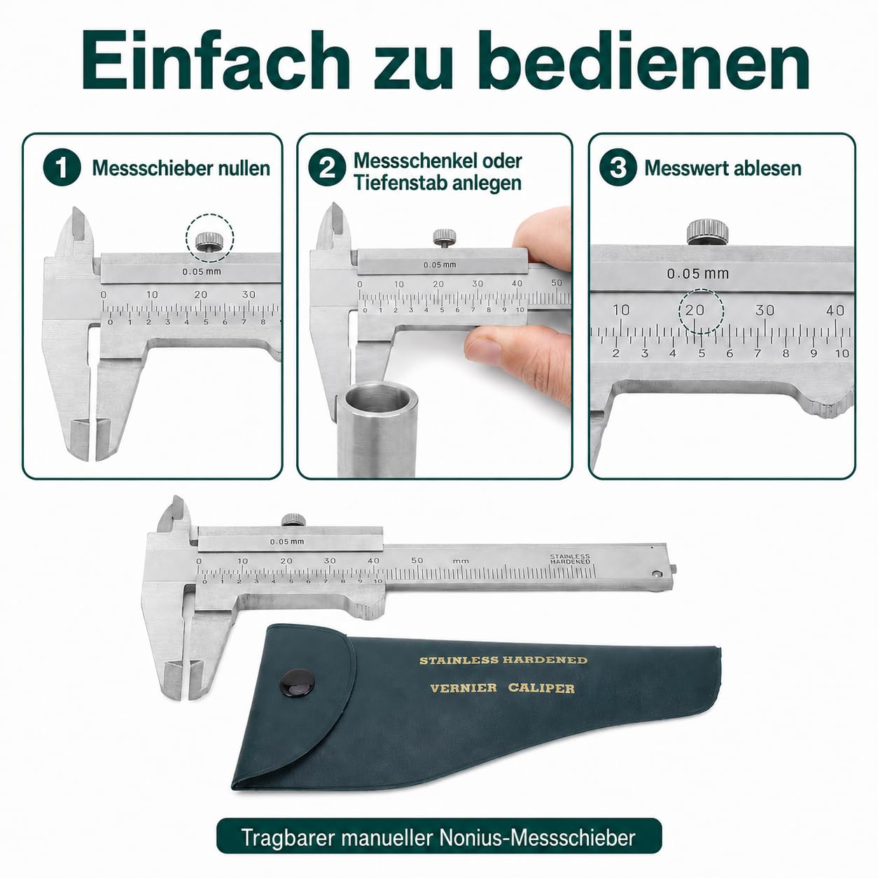 Messschieber Edelstahl Tragbar - 0-50mm Präzisions-Messwerkzeug mit 4 Messmodi, Doppelskala (mm/Zoll), Für Schmuck, Münzen, Antiquitäten, Studenten