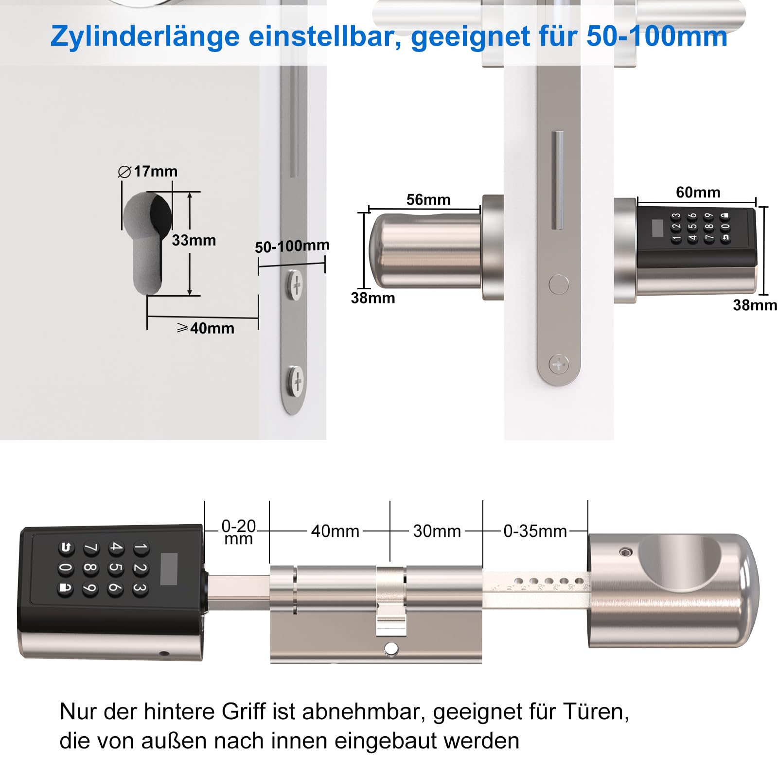 WELOCK Elektronisches Türschloss Haustür mit Pin Code, Wasserdichtes Elektronisches Türschloss mit Bluetooth und App, Geeignet für Türen von 50-100mm Dicke