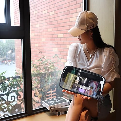 Miniatura 6 de Bricte Bolsa de cosméticos de viaje Bolsa de maquillaje Preppy Bolsa transparente con cremallera para mujeres Nylon y TPU, Negro -, Moda