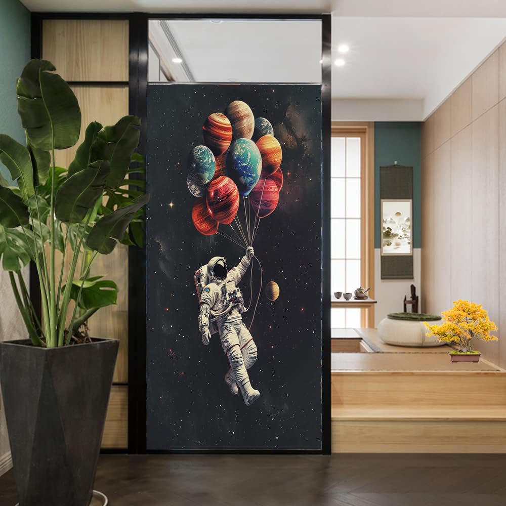 Retro Astronaut Buntglas Fensterfolie, Ballon Planet Modern Space Dekorative Milchglas Sichtschutzfolie Wärmeregulierung Statisch Haftende Fensteraufkleber 90x140cm