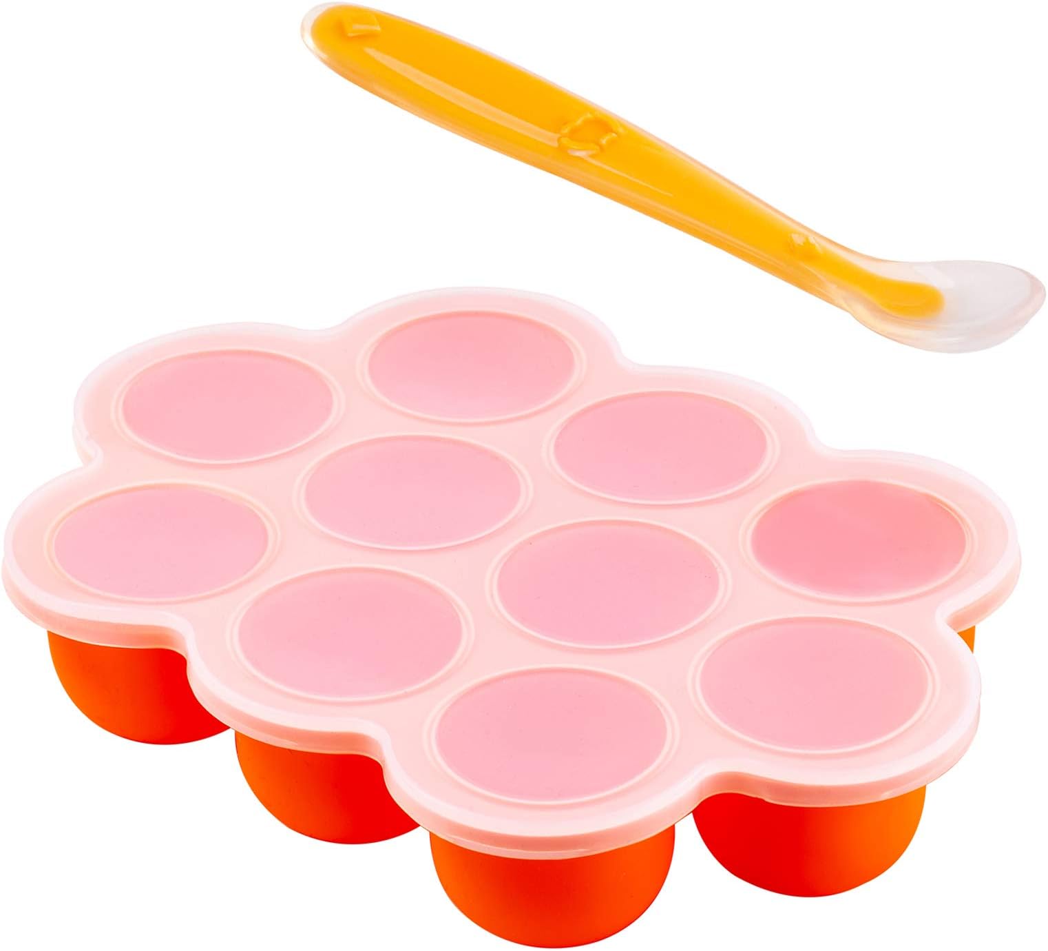 Silicone Baby Food Tray Freezer,Baby Food Freezer Trays Mold with Clip-On Lids +1 Spoon, for Vegetable,Fruit Purees,Breast Milk.（Orange+ Spoon）