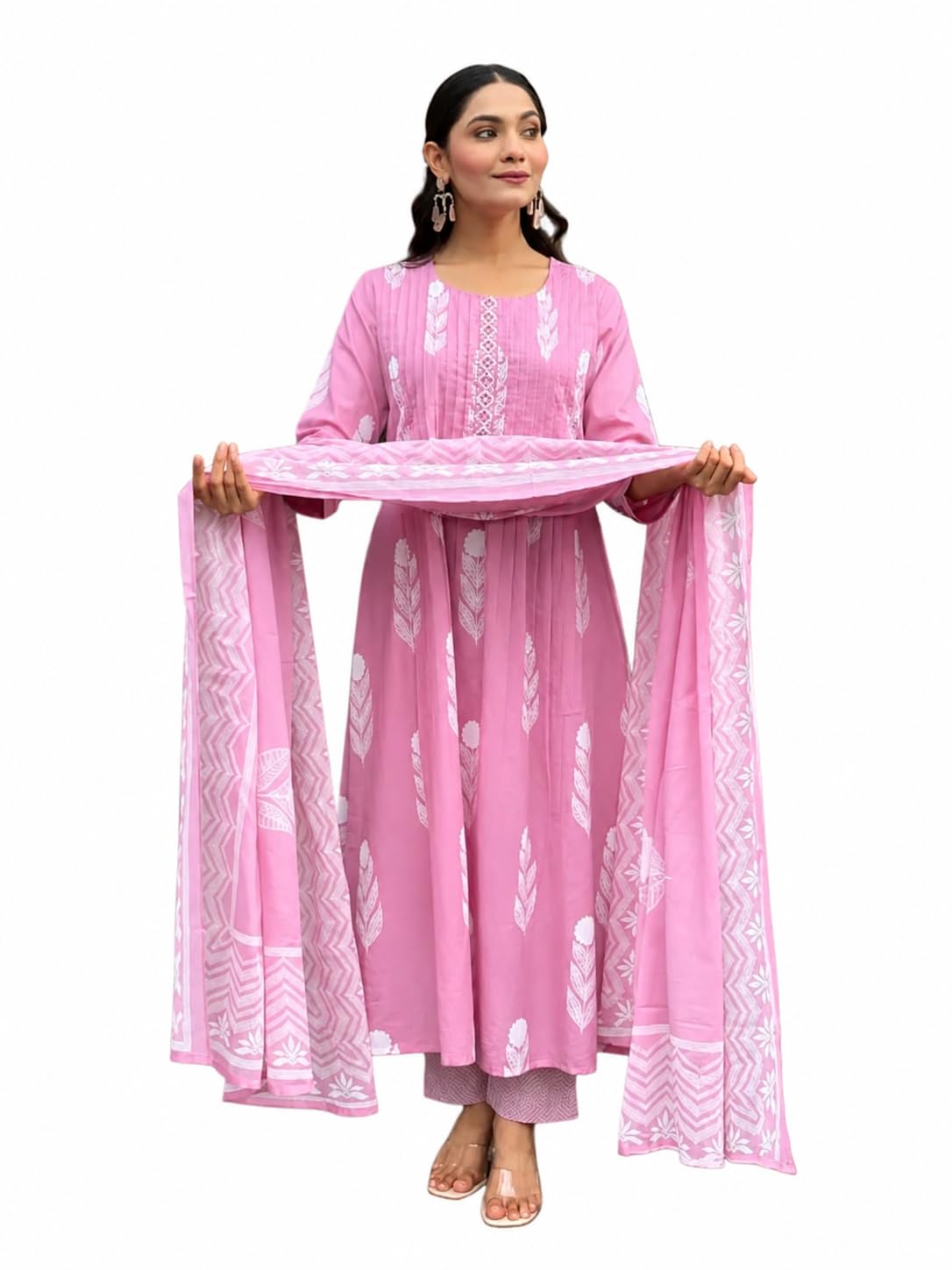 Women’s Pink Cotton Kurta Pant Dupatta Set | Printed Anarkali Kurti Set for Women | Ethnic Wear Salwar Suit Set | Casual & Festive Kurta Set for Women | S TO 7XL-image-31